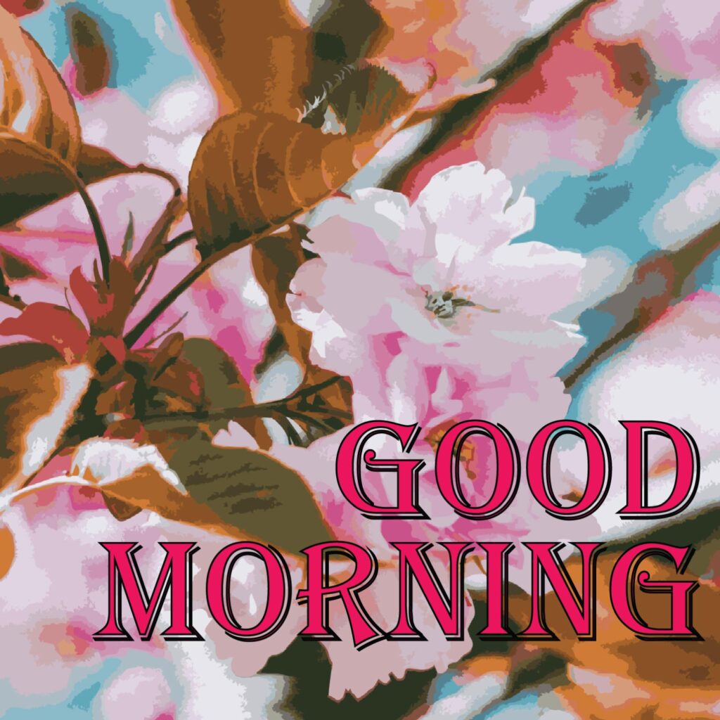 Pink flowers in a tree with Good Morning written on the front